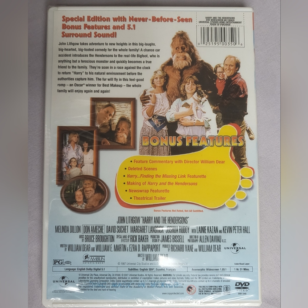 Harry & the Henderson's DVD movie widescreen Rated  PG film 1987 new unopened - Picture 2 of 3